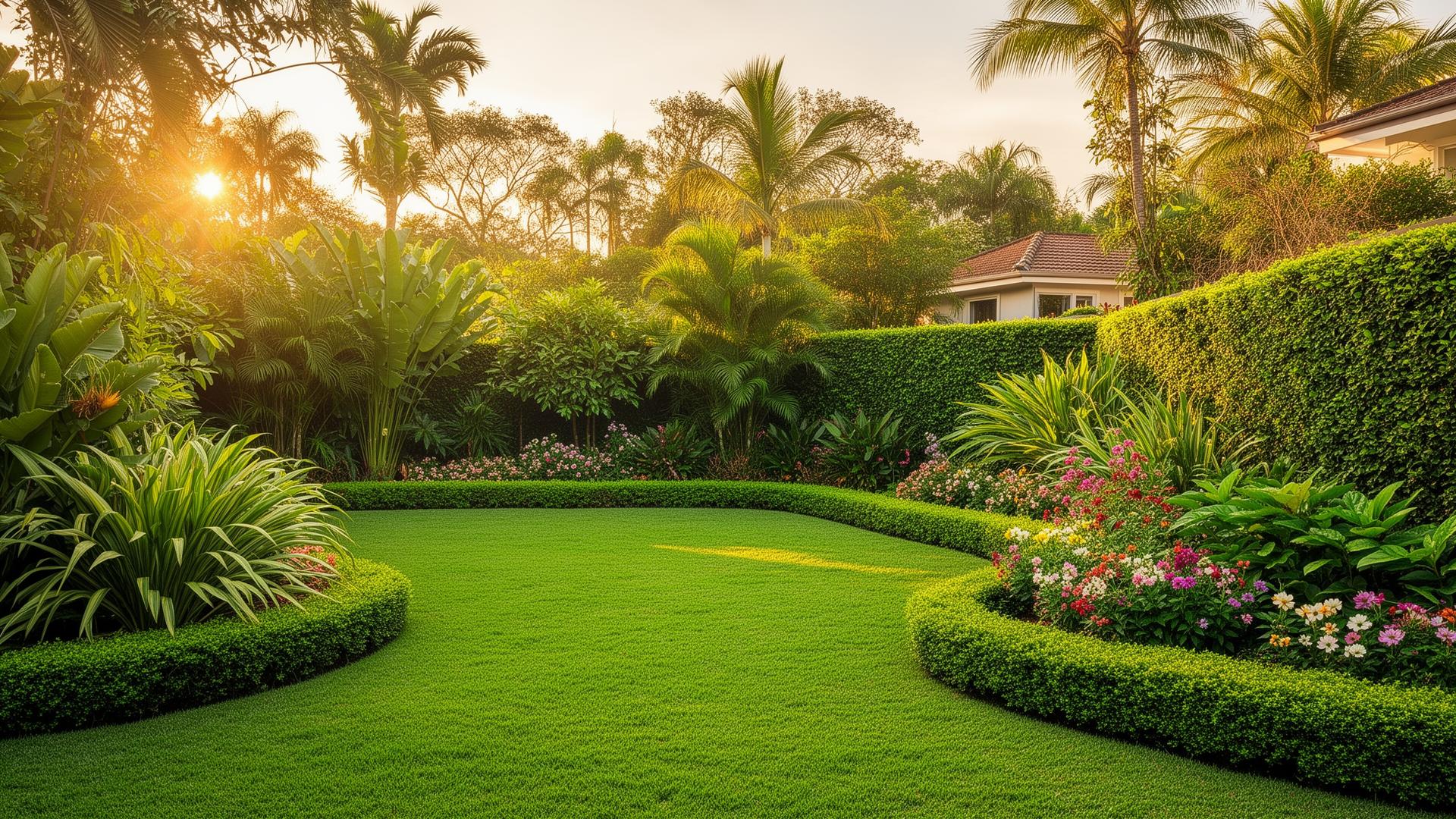 Jardim profissional com gramado verde e plantas ornamentais